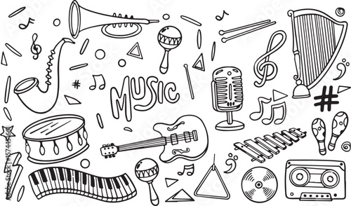 Music Studio Doodle Vector – Microphone, Guitar, Headphones, Notes, Piano, Sound, Band, Audio, Recording, Melody, Jazz, Instrument, Entertainment, DJ, Playlist