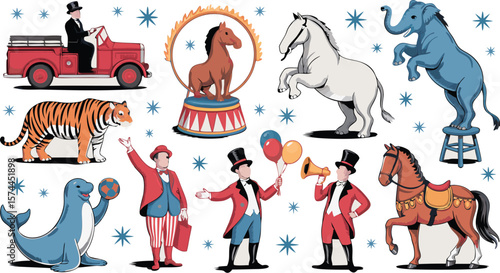 Colorful Circus Animals and Performers Illustration Vintage Style Tiger, Elephant, Horses, Seal, and Red Coats