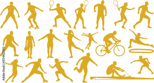 Golden Silhouettes of Athletes Engaging in Various Sports Activities Against White Background Illustration
