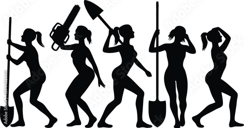 Silhouette of Five Women with Gardening Tools Including a Chainsaw and Spades