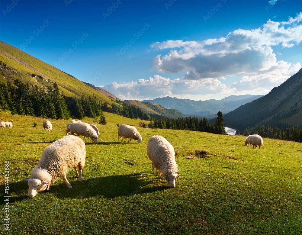 Fototapeta premium beautiful landscape with grazing sheep