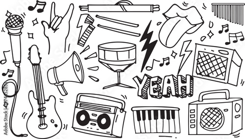  Rock Music Doodle Vector – Guitar, Drum, Speaker, Lightning, Microphone, Concert, Rock Band, Amp, Notes, Sound, Power, Musician, Electric, Loud, Festival