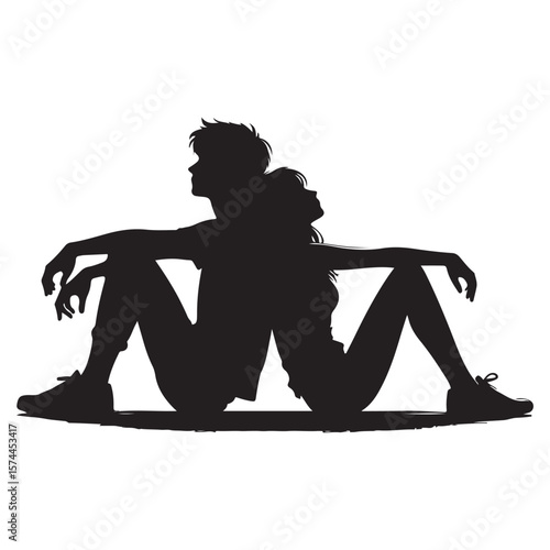 Silhouette vector of two people leaning on each other’s back relaxed trusting friendship pose