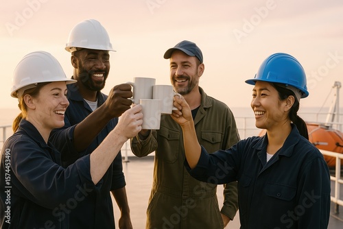 Diverse smiling crew toasting coffee mugs on ship deck at sunrise