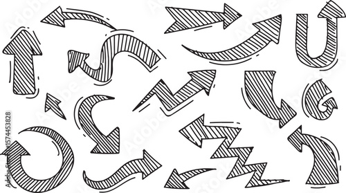 3D Arrows Doodle Set – Sketch Arrows, Bold, Direction, Movement, Navigation, Design Elements, Flow, Doodle, Black and White, Abstract, Infographic, Marker, Outline, UI, Strategy