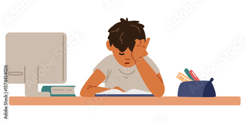 Tired Asian primary school boy studying at home making homework sitting at desk reading textbook flat vector illustration isolated on white. 