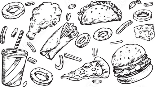 Tacos and Burritos Doodle Pack – Mexican Food, Tacos, Burrito, Wrap, Guacamole, Chili, Fiesta, Sketch Style, Black and White, Delicious, Fast Food, Hand-Drawn, Crunchy, Nachos, Spicy