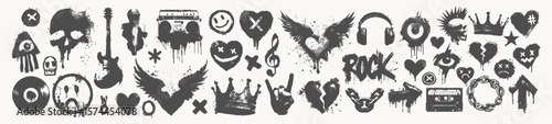 Grunge punk icon set with splatter hearts, skulls, chains, spray smileys. Music  doodle stickers with halftone dotted texture. School drip graphics for notebook designs, posters.