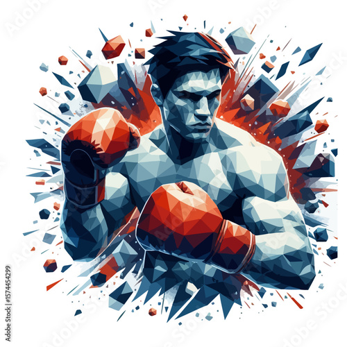 Polygonal Boxer Illustration – Abstract Vector Athlete with Red Gloves in Defensive Fighting Stance
