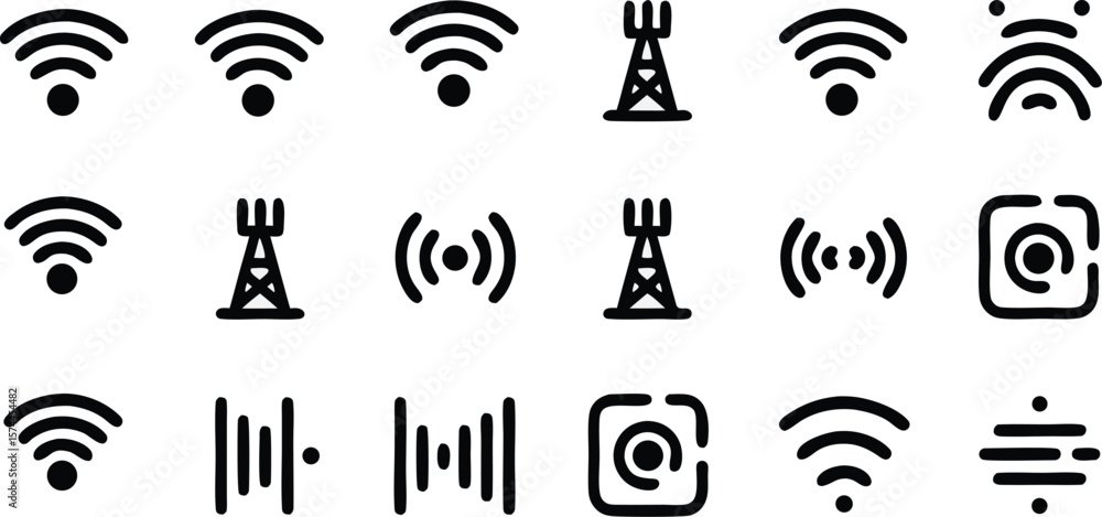 Naklejka premium Black and White WiFi, Signal Tower, Connection, and Internet Icons Collection