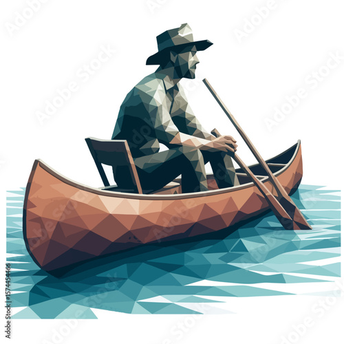 Polygonal Canoe Man Illustration – Low-Poly Vector of Paddler with Hat and Gear on Geometric Water Surface