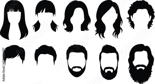 Black and White Silhouettes of Diverse Hairstyles for Men and Women with Beards