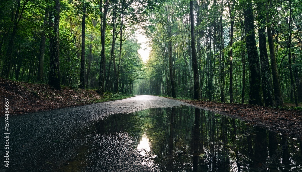 Obraz premium a puddle on the road through the dark deciduous forest of the temperate zone