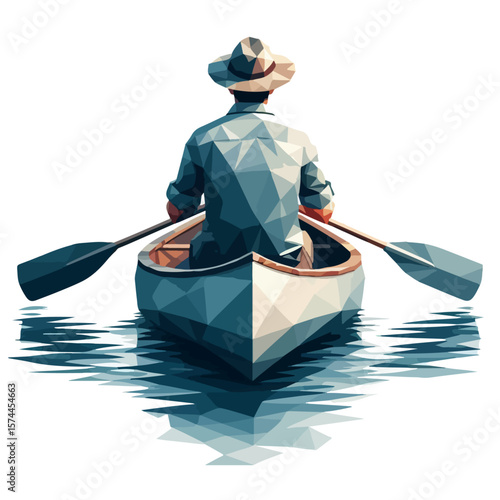 Polygonal Canoe Man Illustration – Low-Poly Vector of Paddler with Hat and Gear on Geometric Water Surface