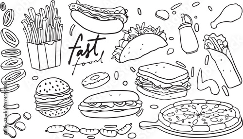 Fast Food Doodle Icon Set – Burger, Hot Dog, Pizza, Taco, Sketch, Hand-Drawn, Black and White, Junk Food, Street Food, Snack, Cafe, Cheese, Tasty, Takeout, Greasy Bite