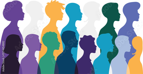 Colorful Silhouettes of Diverse People Crowd Illustration Representing Unity, Diversity, and Human Connection