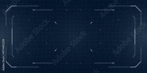 Tactical HUD with glitching reticle and camera frame simulates a drone cyberpunk perspective. Futuristic interface layered over a VR blueprint and data stream.