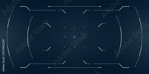 Military cyber interface with glowing reticle and blueprint grid. HUD layout blends futuristic data design with camera overlays and sci fi glitch elements.