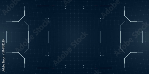Distorted VR HUD display with futuristic targeting reticle and tactical glitch effects. Drone style view simulates cybersport camera feed over a tech background.