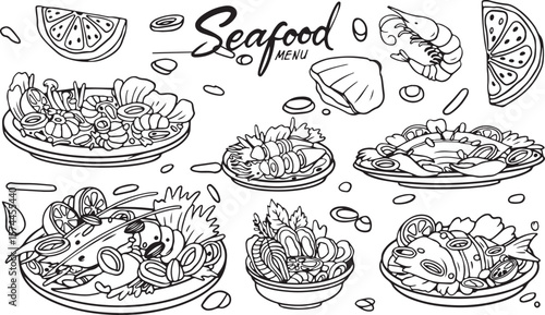 Seafood Platter Doodle Icon Set – Shrimp, Mussel, Fish, Ocean Food, Sketch, Hand-Drawn, Restaurant, Delicious, Gourmet, Black and White, Dish Icon, Cooking, Culinary, Line Art, Crustacean
