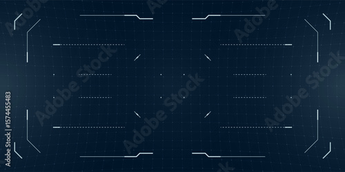Cyber HUD design with camera glitch effects and VR blueprint grid. Futuristic game interface blends photo elements with distorted panel and tactical overlay.