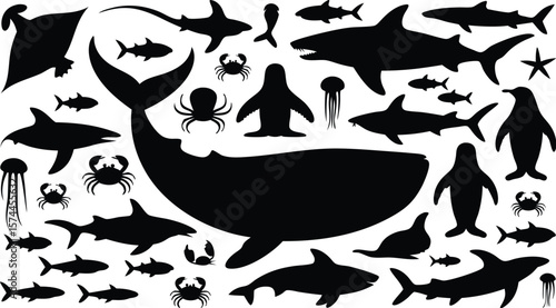 Silhouette Compilation of Marine Animals Sharks, Whale, Penguins, Jellyfish, Starfish, Crabs, and Fish
