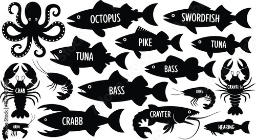 Silhouette Illustration of Assorted Sea Creatures Octopus, Tuna, Bass, Swordfish, Crab, Lobster, and Shrimp