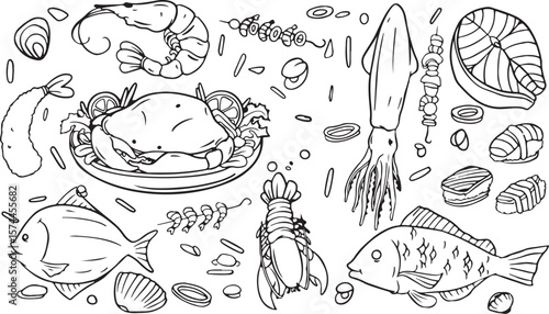 Seafood Doodle Vector Set – Crab, Lobster, Fish, Ocean Food, Sketch, Hand-Drawn, Marine Cuisine, Delicious, Line Art, Culinary, Restaurant Icon, Shellfish, Black and White, Gourmet, Dish