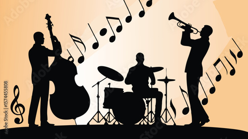 Silhouette of Jazz Band Performing with Trumpet, Bass, Drums and Musical Notes Background