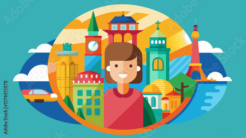 A colorful illustration of a city with a man wearing sunglasses and a hat. The man is looking at the camera