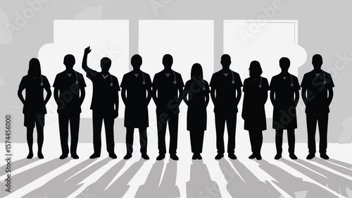 Silhouettes of Healthcare Workers Standing in a Row, All Wearing Scrubs and Stethoscopes, One With Hand Up