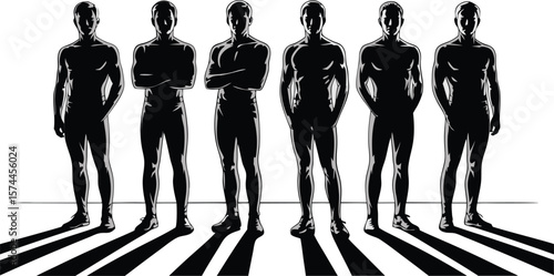 Six Muscular Men Silhouetted Standing in a Row Casting Shadows, Design Illustration