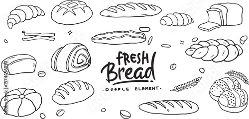 Fresh Bread Doodle Set – Bakery, Loaf, Buns, Baked Goods, Bread Icon, Sketch, Hand-Drawn, Black and White, Minimalist, Pastry, Food, Wheat, Morning, Meal, Artisan, Cafe