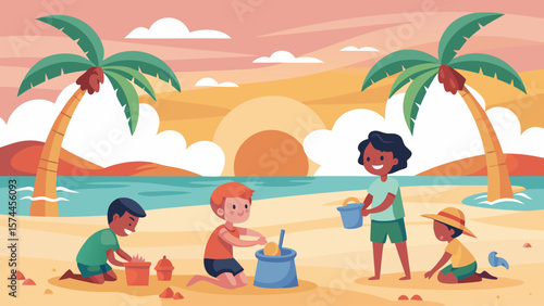 Two children are building a sand castle on the beach. One of the children is holding a Frisbee