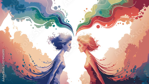 Two Women Facing Each Other with Colorful Abstract Elements and Fluid Shapes Illustration
