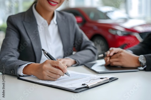 Woman Signing Car Purchase Agreement.
