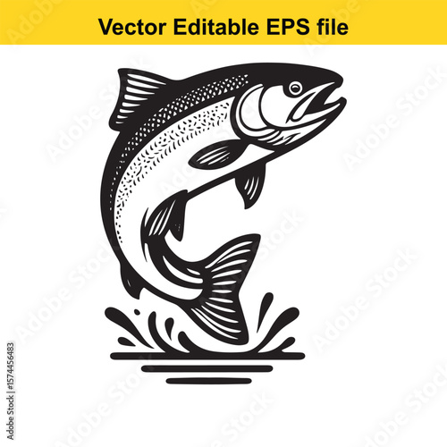 Striking Black and White Salmon Illustration A Detailed Vector Image of a Leaping Fish Depicting Marine Wildlife