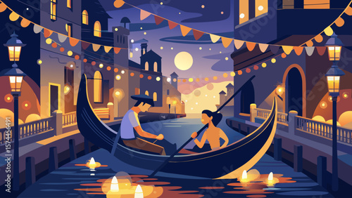 A man and woman are rowing a boat on a river. The man is holding a paddle and the woman is sitting in the boat. The scene is set at night, with the moon shining brightly in the sky