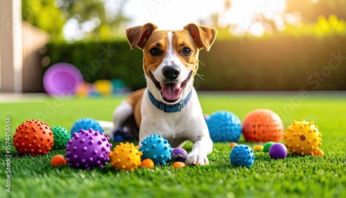 Happy dog surrounded by colorful toys