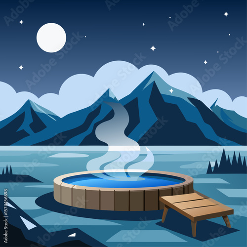 A mountain range is in the background of a drawing of a hot spring. The hot spring is surrounded by a wooden barrel and a stone wall. The sky is dark and cloudy
