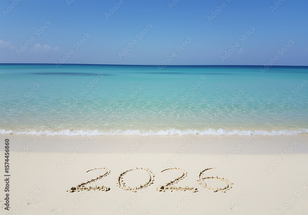 Fototapeta premium The year 2026 written in the sand on a clear day