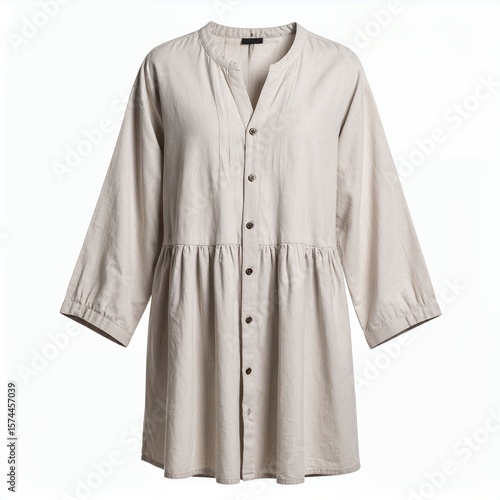 Neutral-toned tunic dress featuring button-down front detailing garment on white background