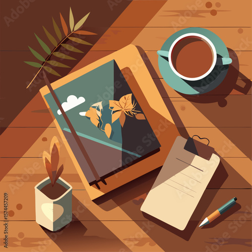 A table with a book, a cup of coffee, and a pen. The book is titled "The World" and is open to a page with a map of the world