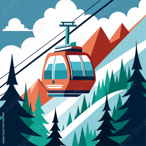 A red ski lift is suspended above a snowy mountain. The ski lift is surrounded by trees and the sky is cloudy. Scene is peaceful and serene, as the ski lift glides through the trees