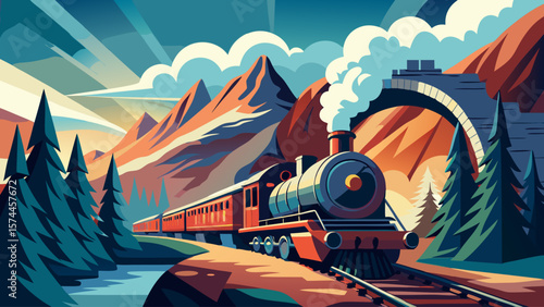 A train is traveling through a mountainous landscape. The train is surrounded by trees and mountains, and the steam coming from the train engine adds to the sense of adventure and excitement