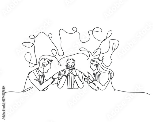 Continuous line drawing of a stressed man sitting between two arguing colleagues. Concept of workplace pressure, emotional burnout, conflict mediation, and overwhelming team dynamics
