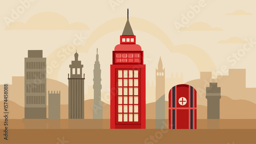 A red telephone booth is in front of a large clock tower. The clock tower is in the background and is taller than the telephone booth