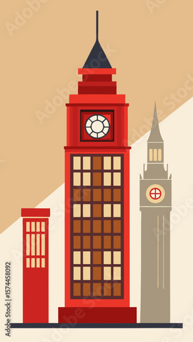 A red telephone booth is in front of a large clock tower. The clock tower is in the background and is taller than the telephone booth
