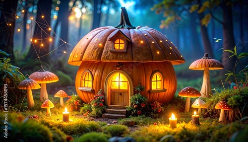 Generated image: Cozy Pumpkin House in Enchanted Forest with Mushrooms