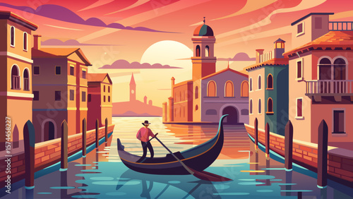 A man is rowing a boat in a canal. The sky is orange and the sun is setting. The scene is peaceful and serene
